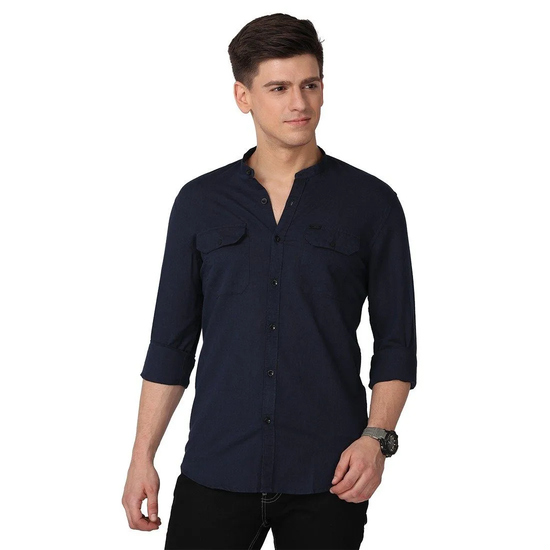 Men's Long Sleeve Band Collar Shirt