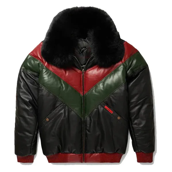 Men's Multicolor V-Bomber Faux Shearling Leather Jacket