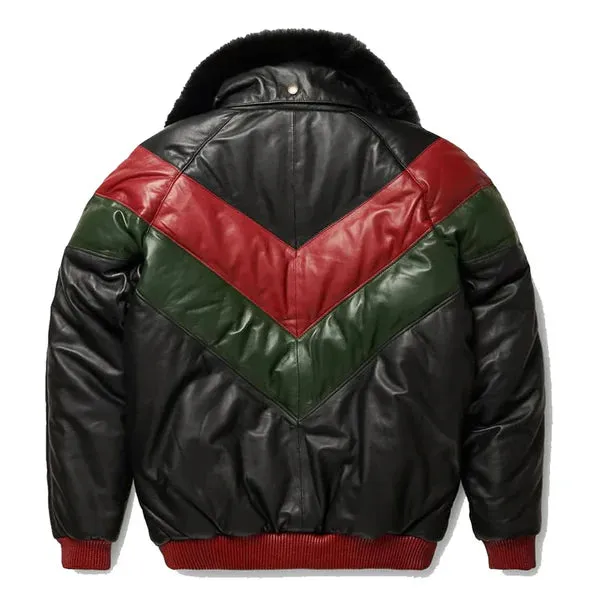 Men's Multicolor V-Bomber Faux Shearling Leather Jacket