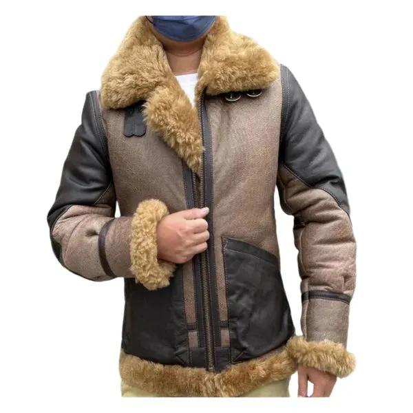 Men's Pilot Short Mixed Colors Faux Shearling Motorcycle Leather Jacket