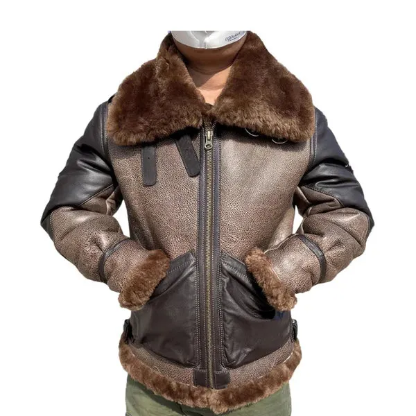 Men's Pilot Short Mixed Colors Faux Shearling Motorcycle Leather Jacket