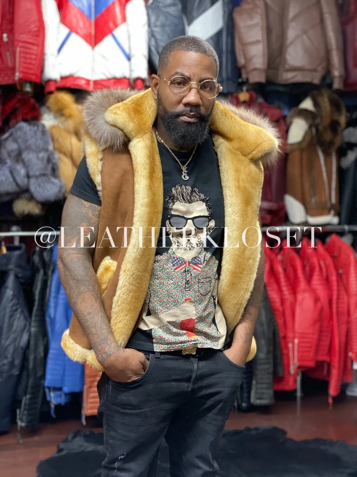 Men's Real Sheepskin Shearling Vest With Fox [Tan]