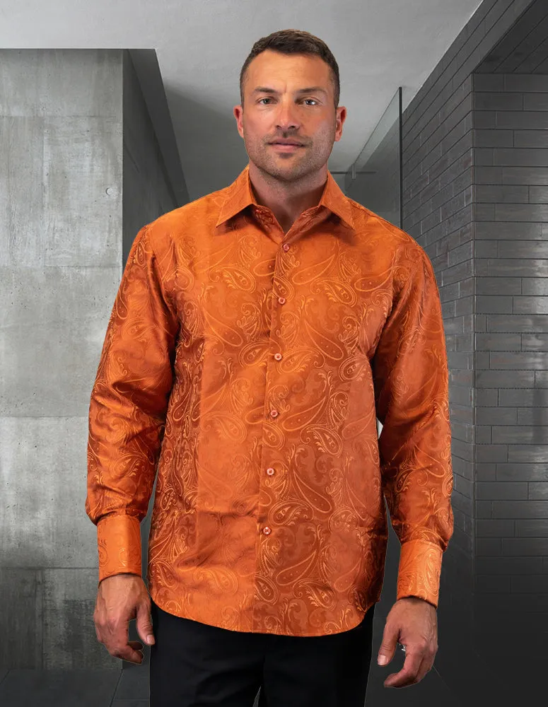 Men's Rust Woven Fancy Casual Long Sleeves Shirt With Cufflink Regular-Fit