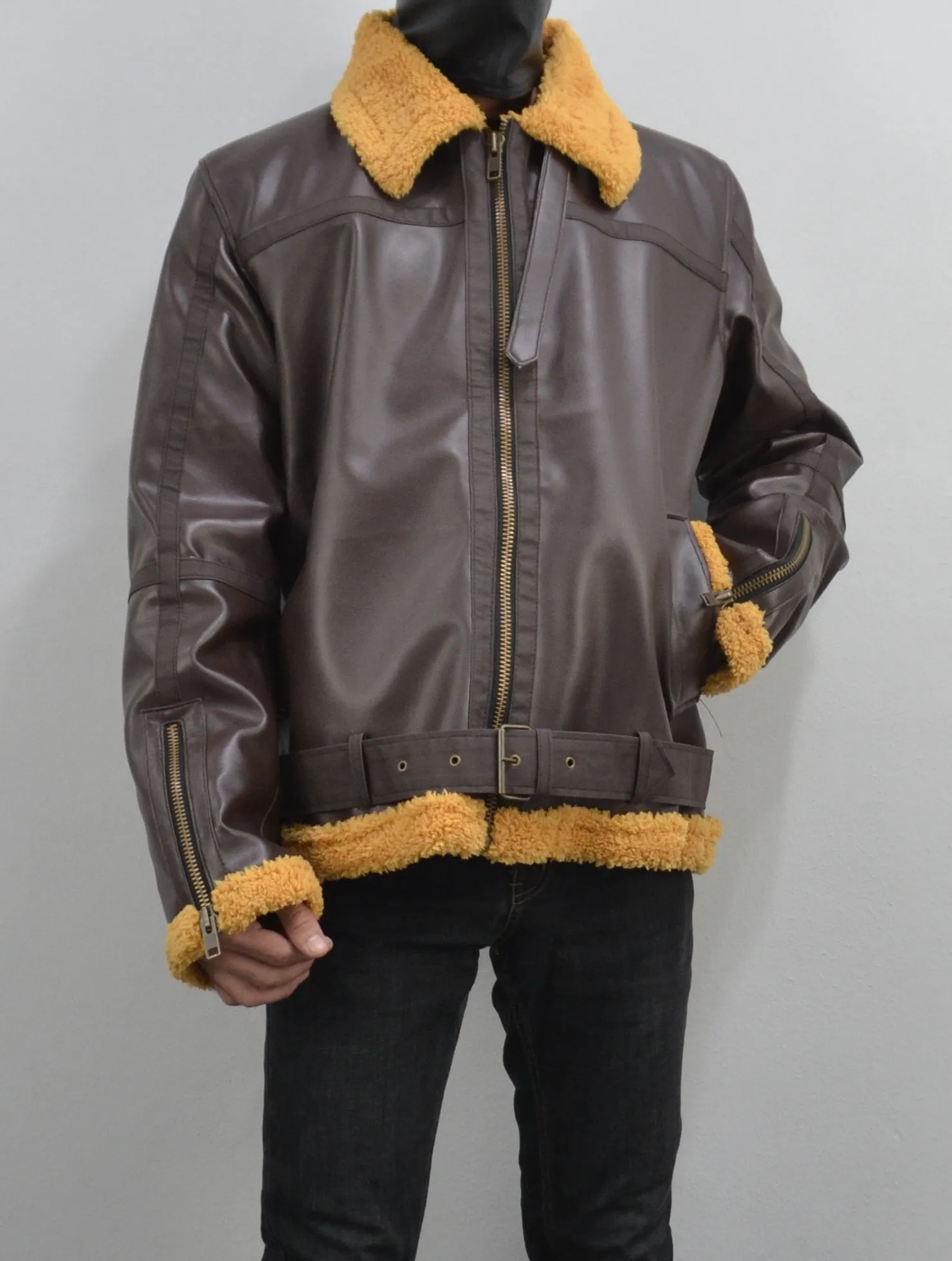 Mens Shearling Fur Bomber RAF Brown Real Leather Jacket