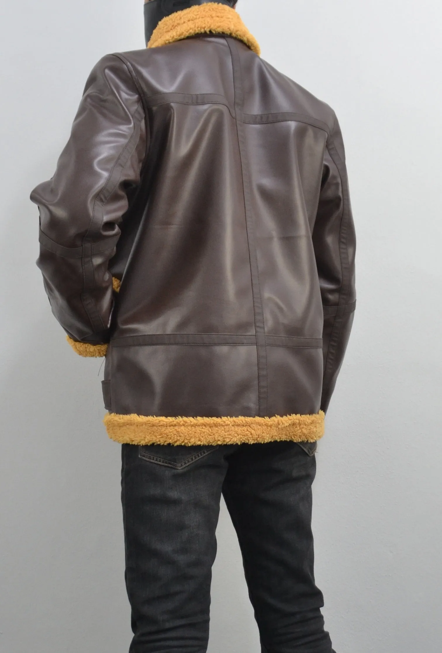 Mens Shearling Fur Bomber RAF Brown Real Leather Jacket