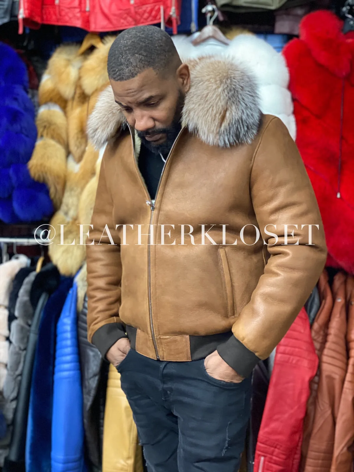 Men's Sheepskin Shearling Baseball With Fox