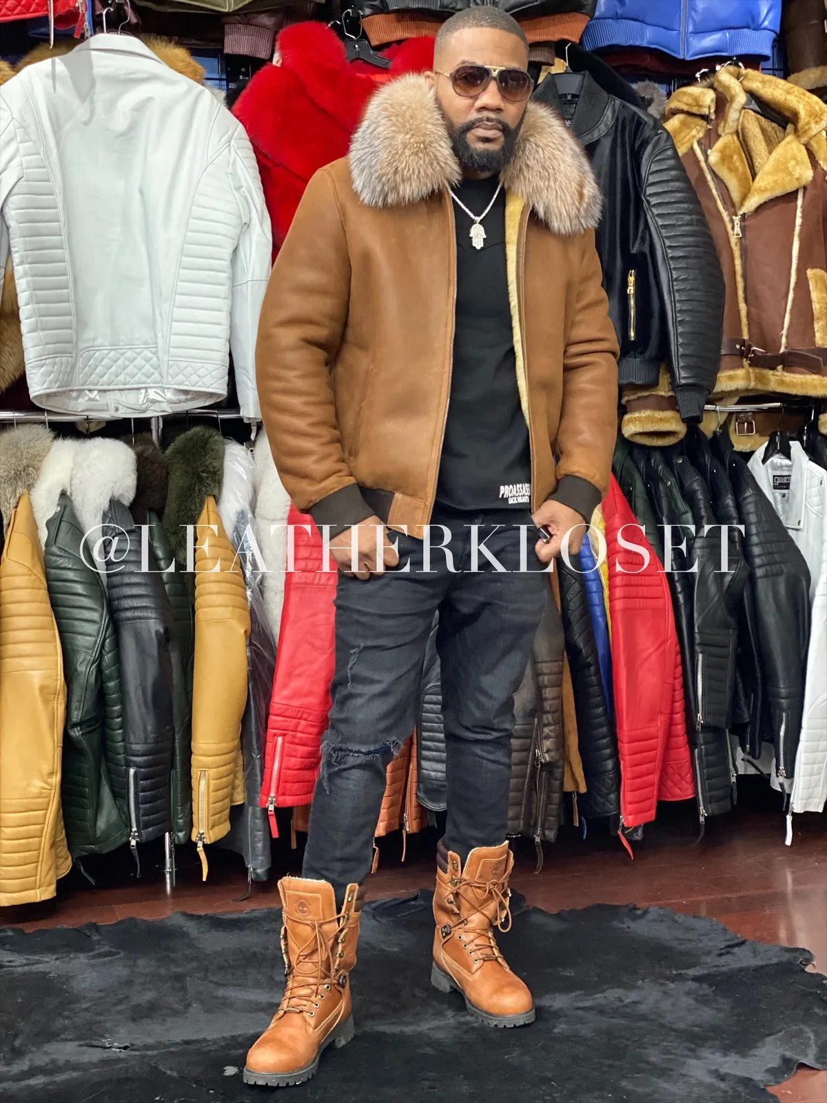 Men's Sheepskin Shearling Baseball With Fox