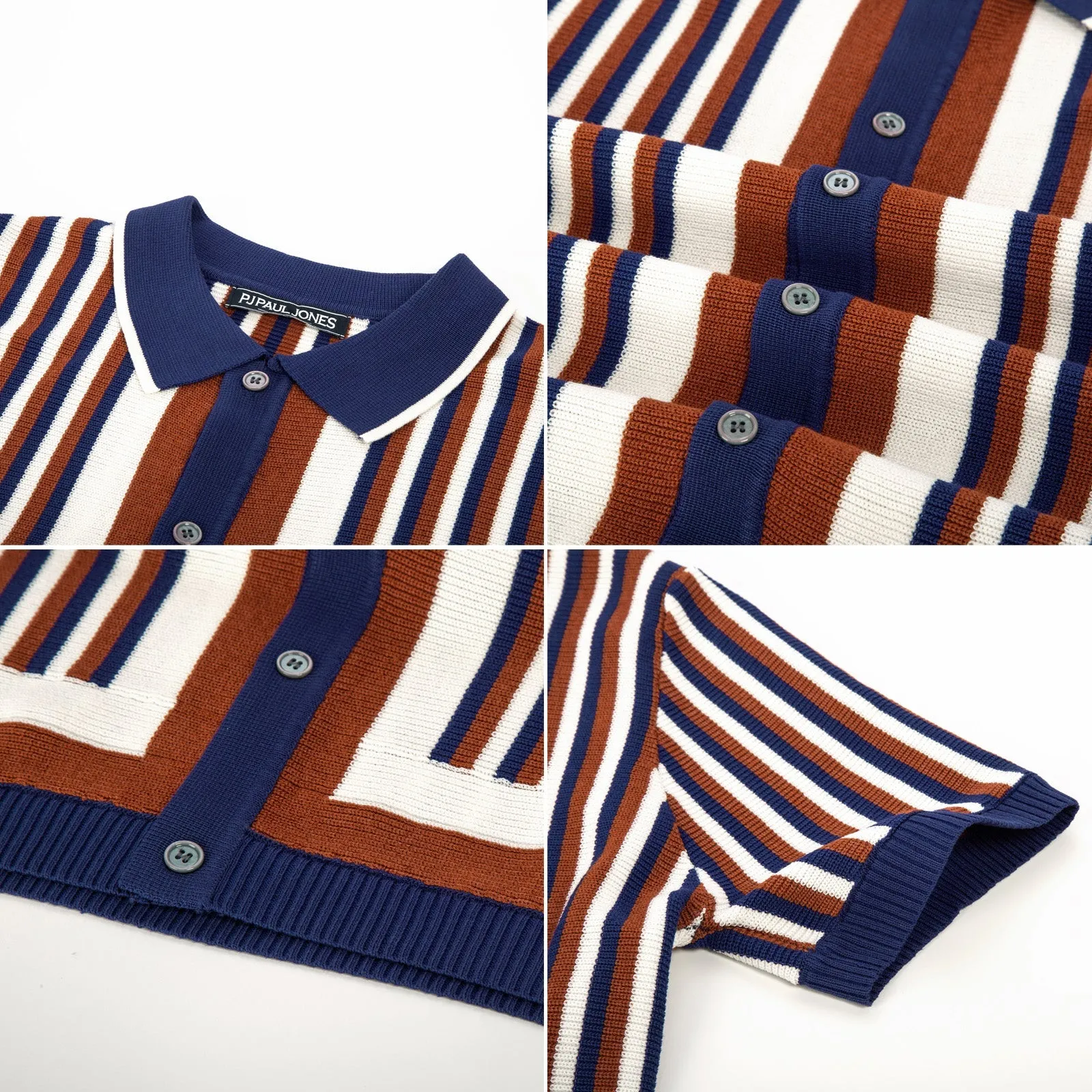 Men's Striped Polo Shirts Breathable Knit Shirt 70s Vintage Cardigans Shirt Short Sleeve Button Down Casual Clothing