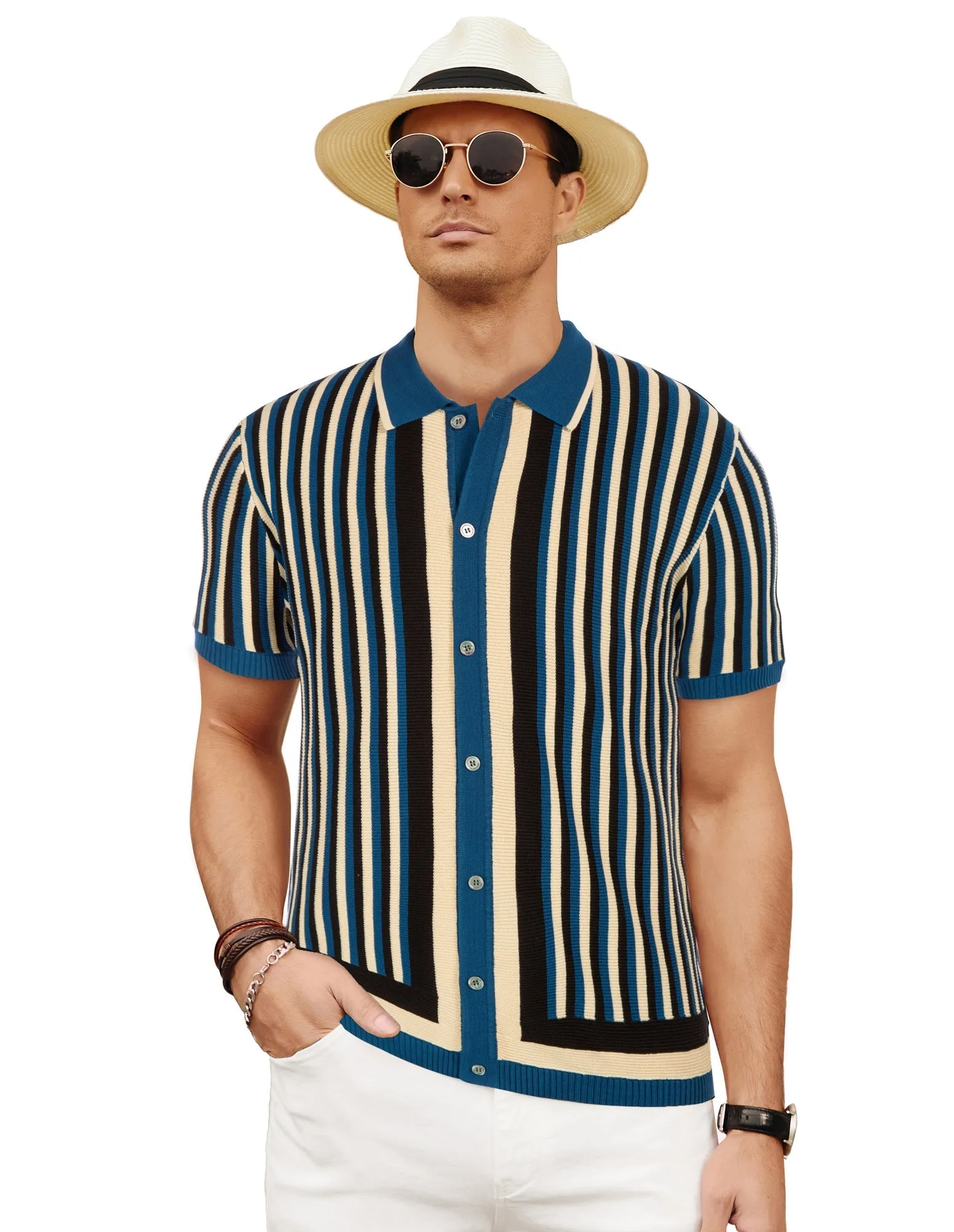 Men's Striped Polo Shirts Breathable Knit Shirt 70s Vintage Cardigans Shirt Short Sleeve Button Down Casual Clothing