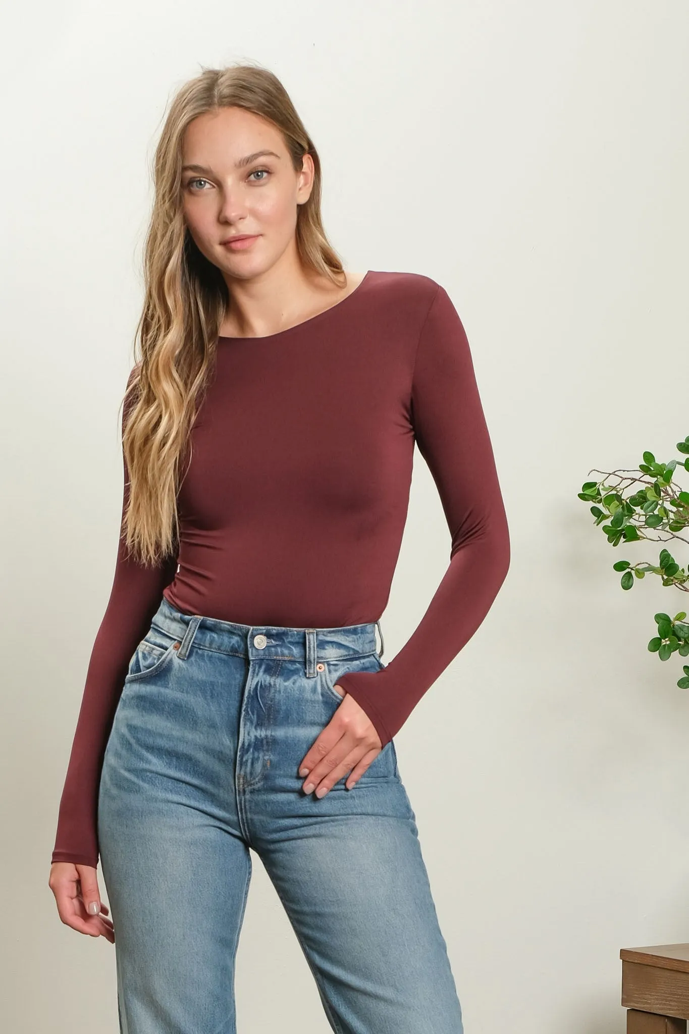 Mia Solid Round Neck Long Sleeve Bodysuit