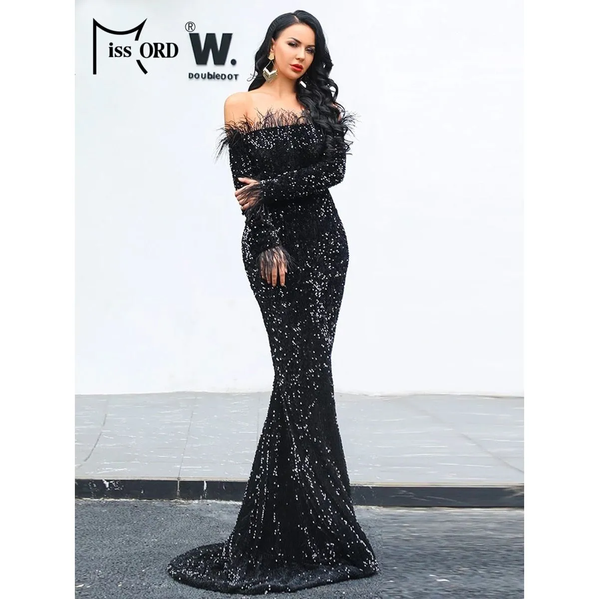 Missord Sexy Off Shoulder Feather Long Sleeve Sequin Dress Elegant Evening Floor Length Reflective Dresses Pure Black