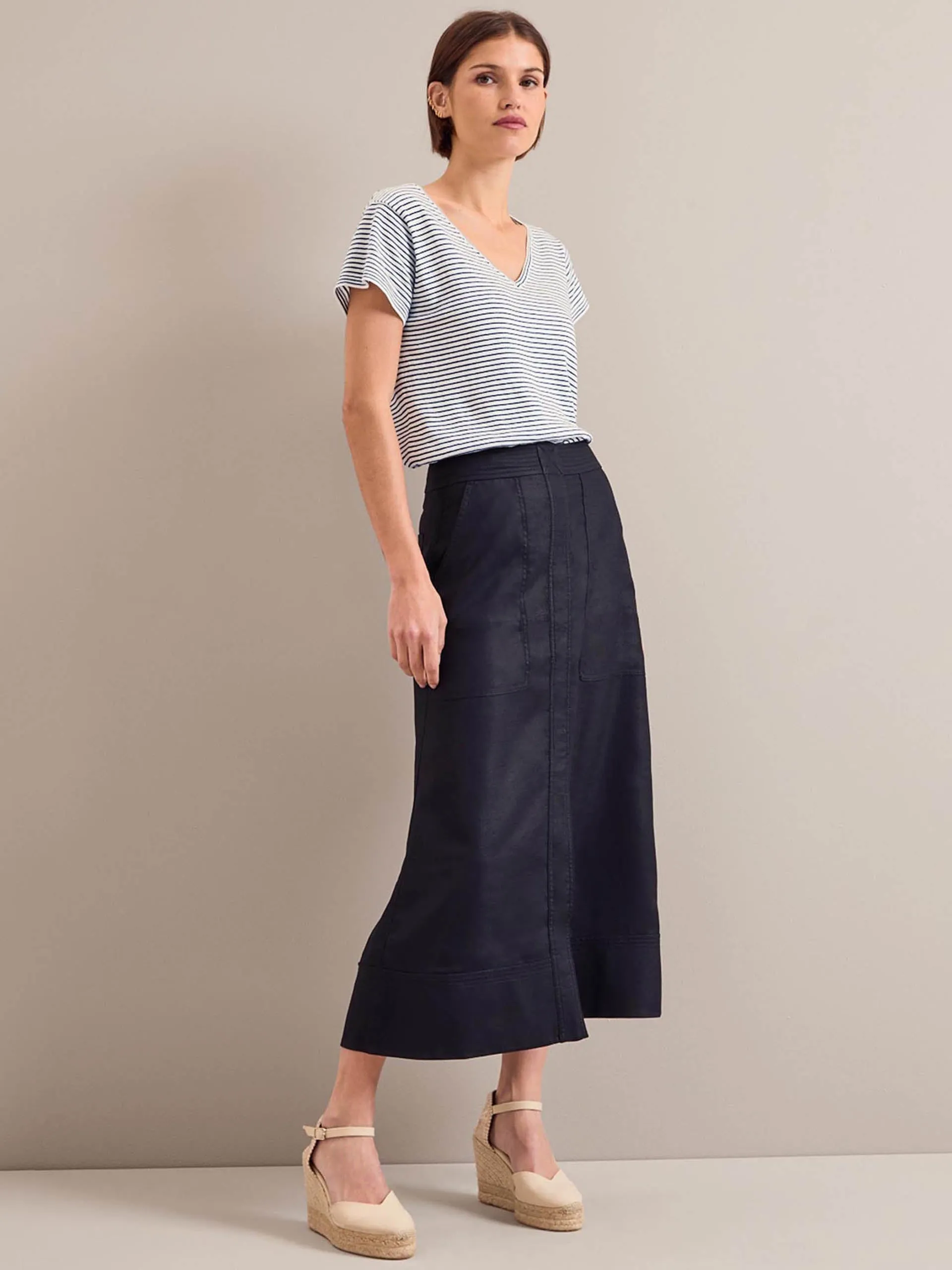 Navy Safia techni linen midi skirt