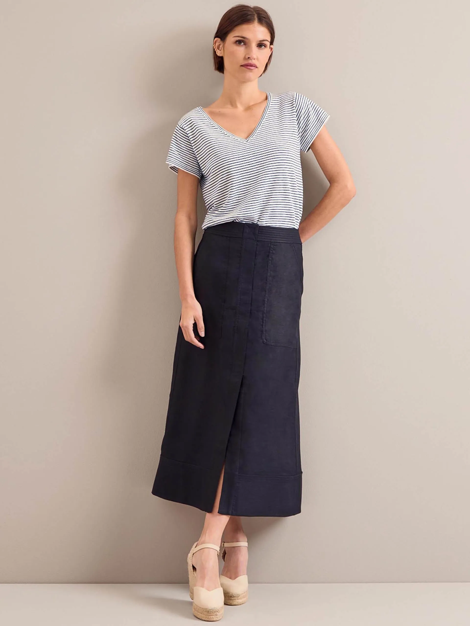 Navy Safia techni linen midi skirt