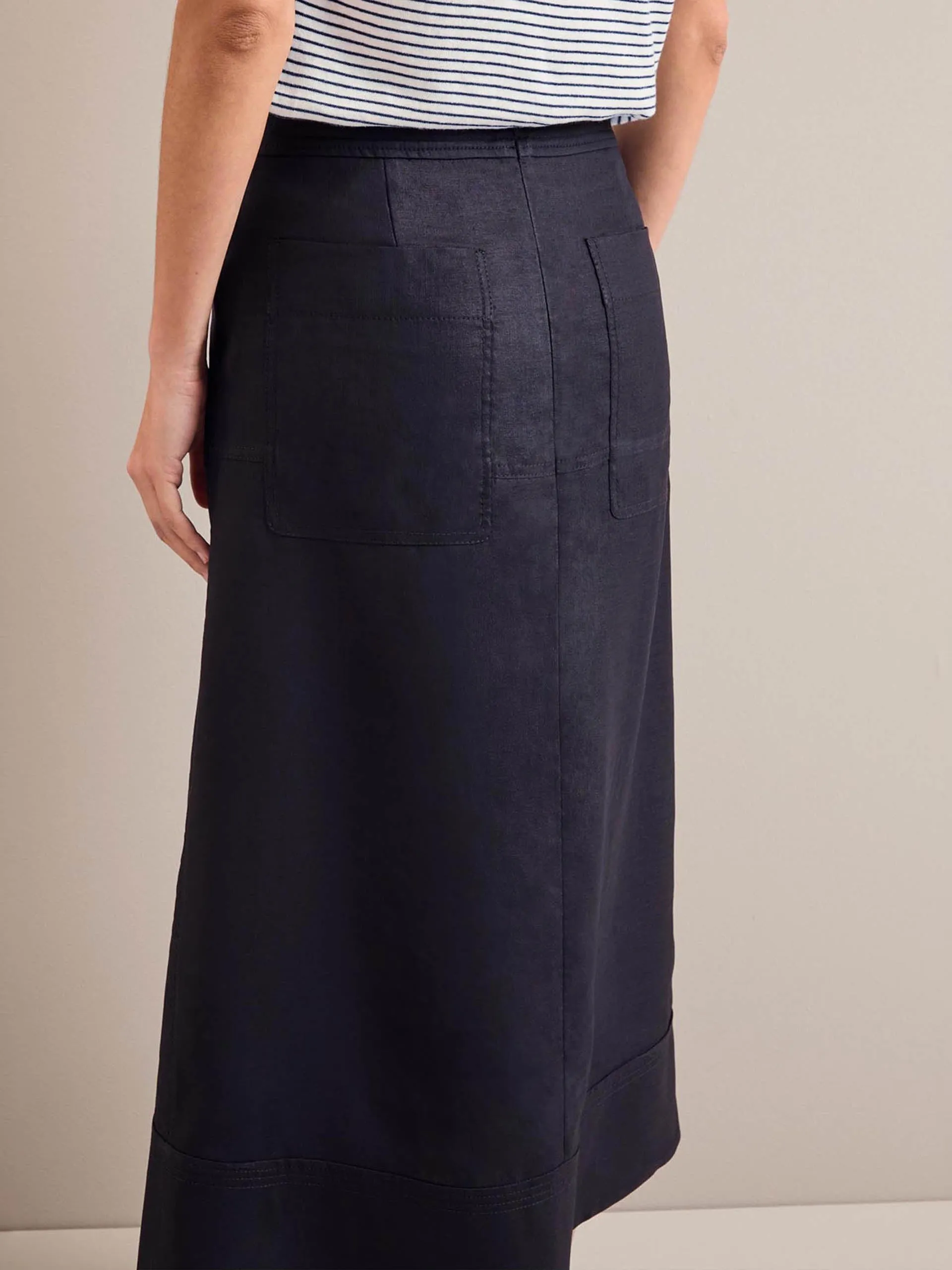 Navy Safia techni linen midi skirt