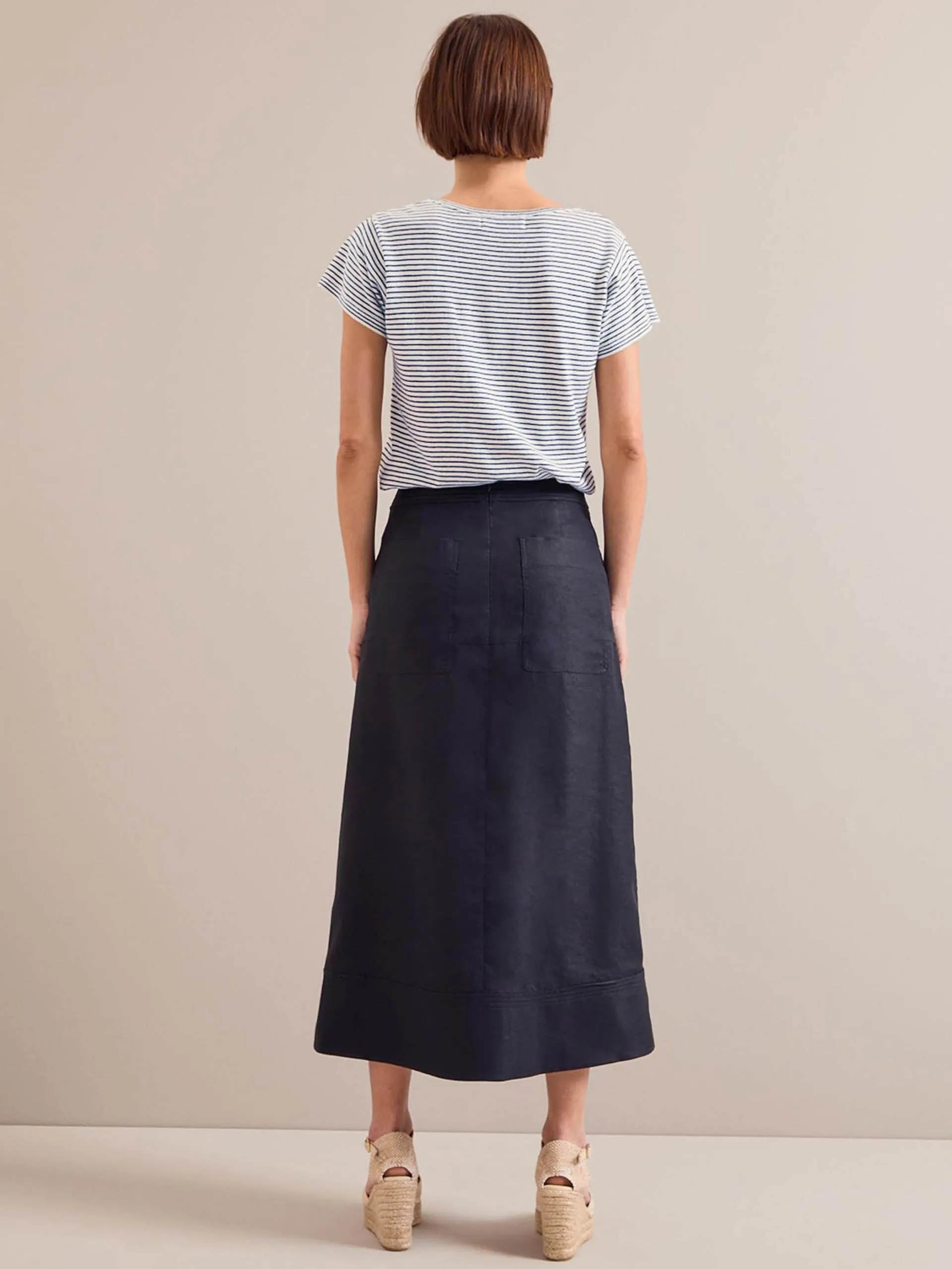 Navy Safia techni linen midi skirt