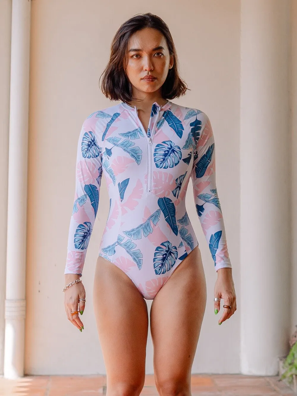 Nerissa Tropical Long Sleeve Rash Guard Zip Up in Pink