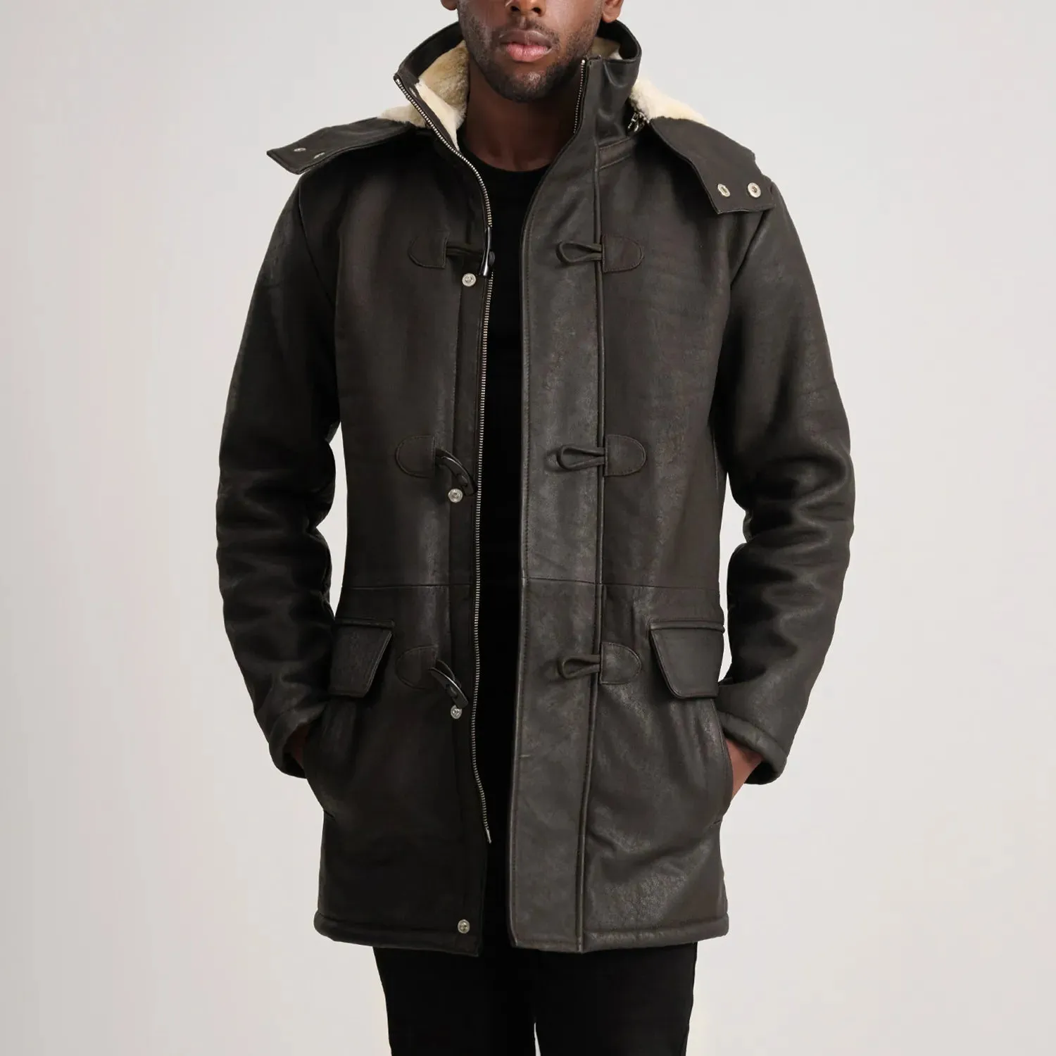 Nolan Tumbled Brown Leather Duffle Coat