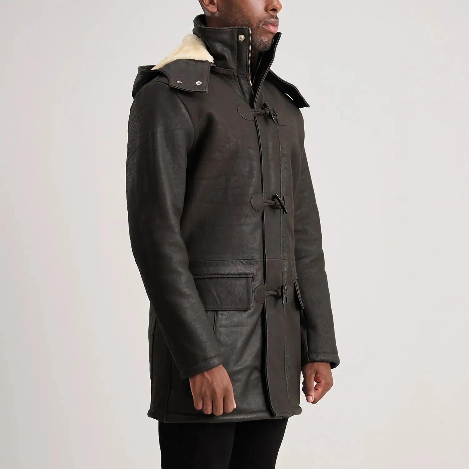 Nolan Tumbled Brown Leather Duffle Coat