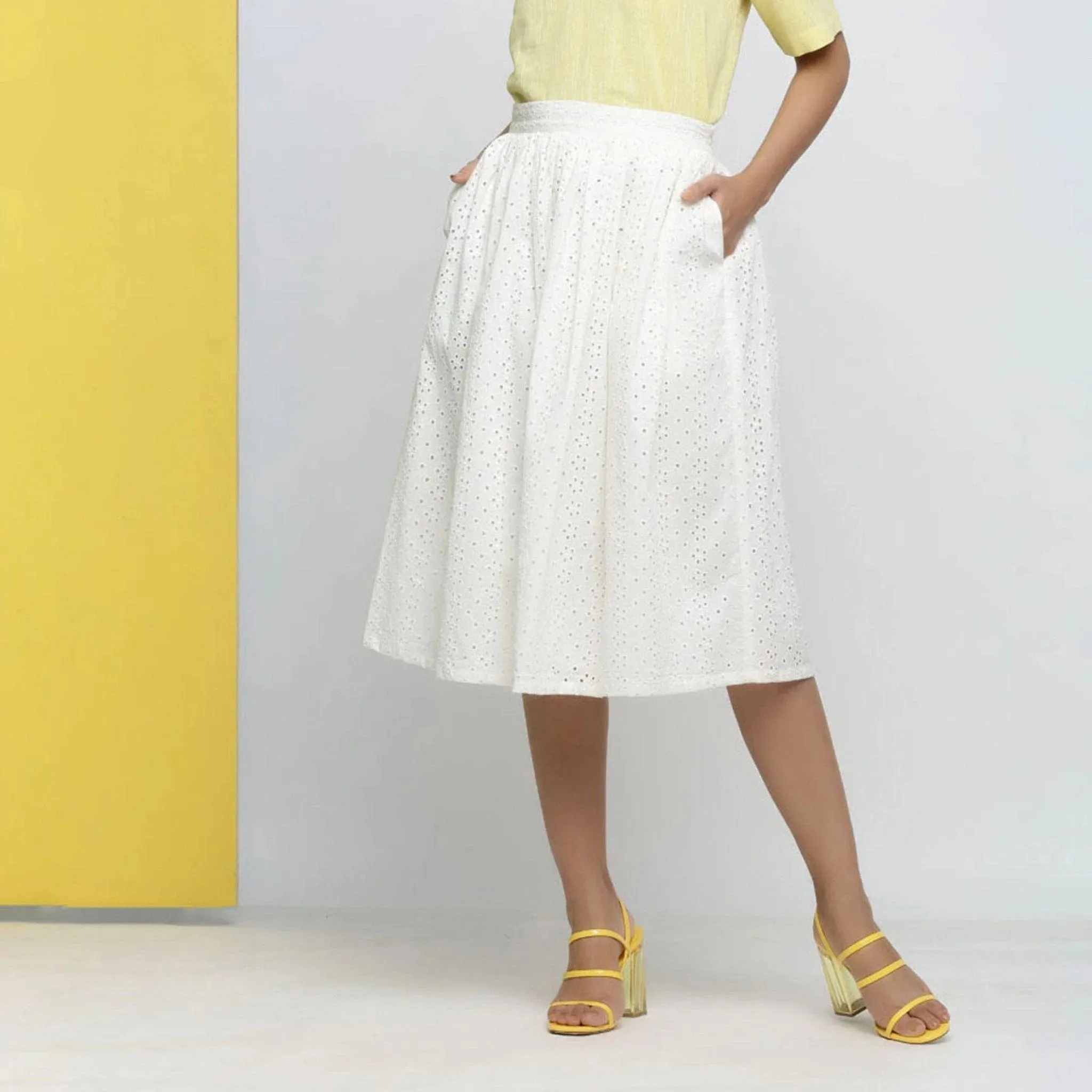 Off-White Cotton Schiffli Gathered Midi Skirt