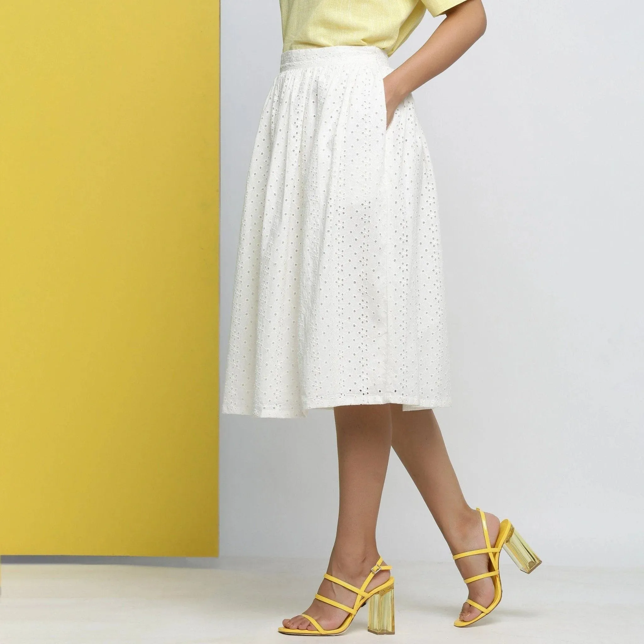 Off-White Cotton Schiffli Gathered Midi Skirt