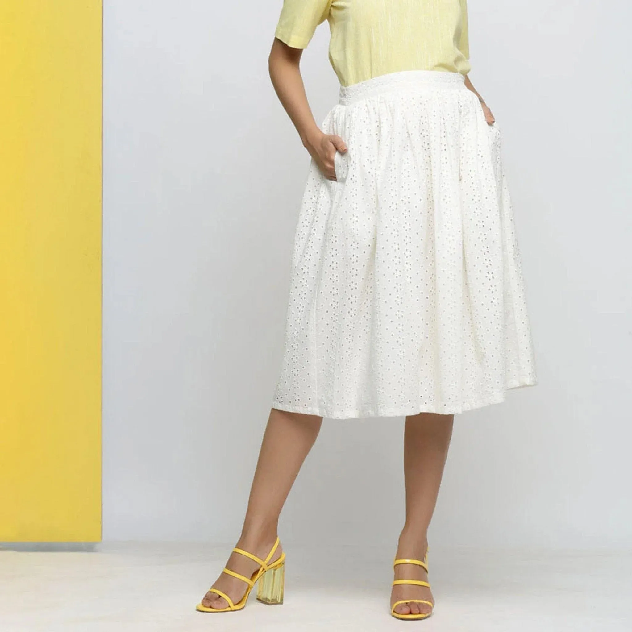 Off-White Cotton Schiffli Gathered Midi Skirt