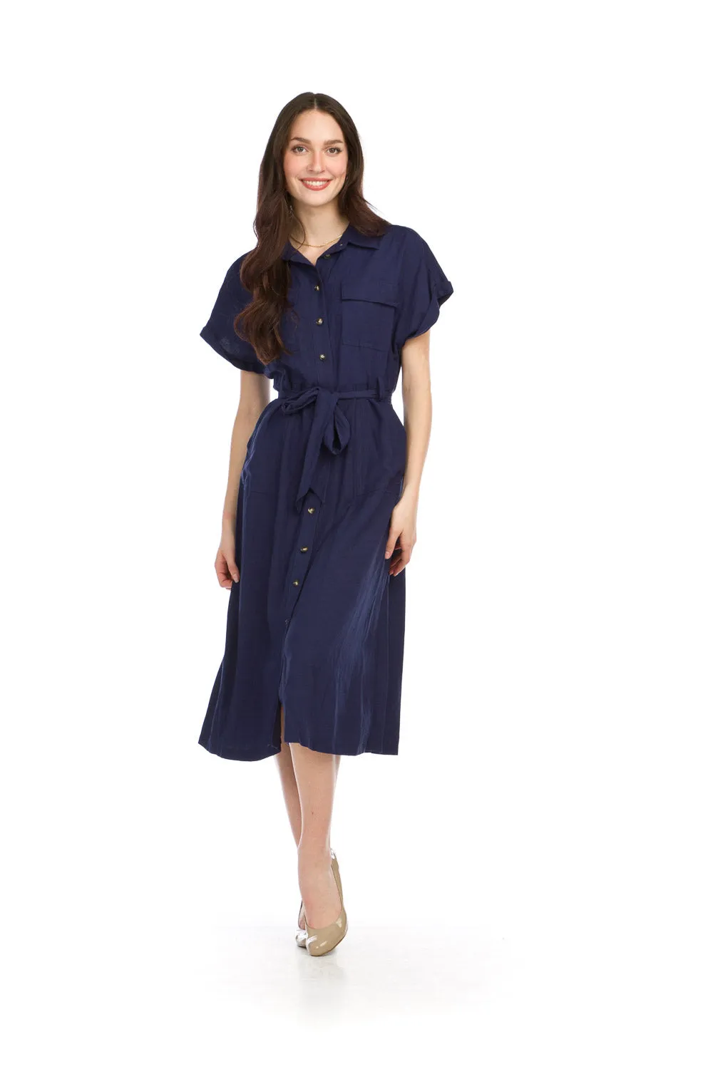 PD16632 NAVY Utility Style Linen Blend Shirt Dress