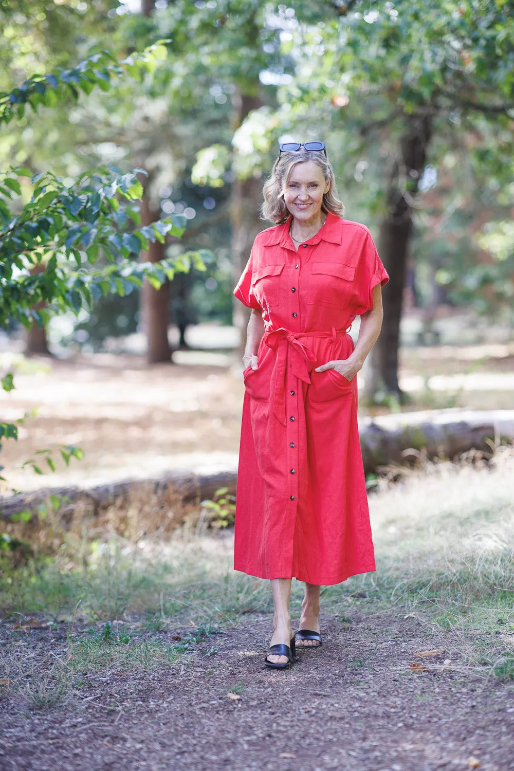 PD16632 NAVY Utility Style Linen Blend Shirt Dress