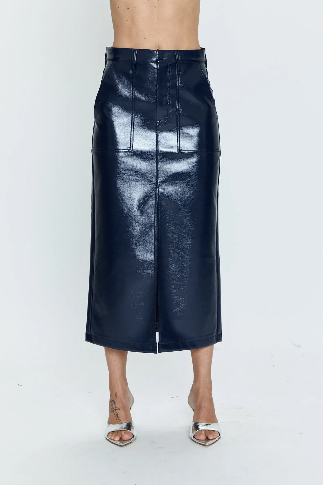 Pistola Alice Utility Midi Skirt in Navy Vinyl