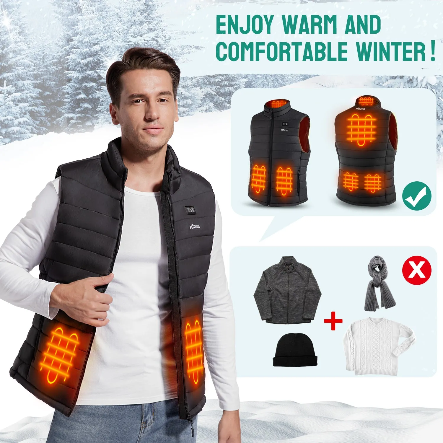 PLIDINNA Men's Heated Vest Lightweight Warm Jacket With Battery Pack 7.4V Electric Heating Vest for Hunting/Fishing