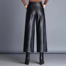 Plus Size Black Leather Culottes Belted and Elastic