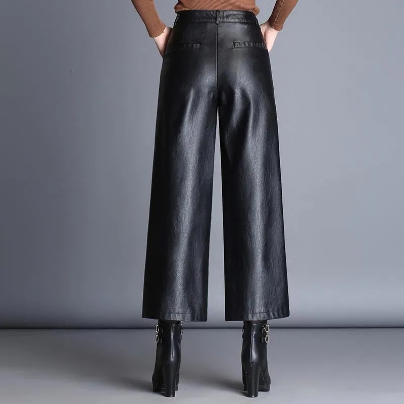 Plus Size Black Leather Culottes Belted and Elastic