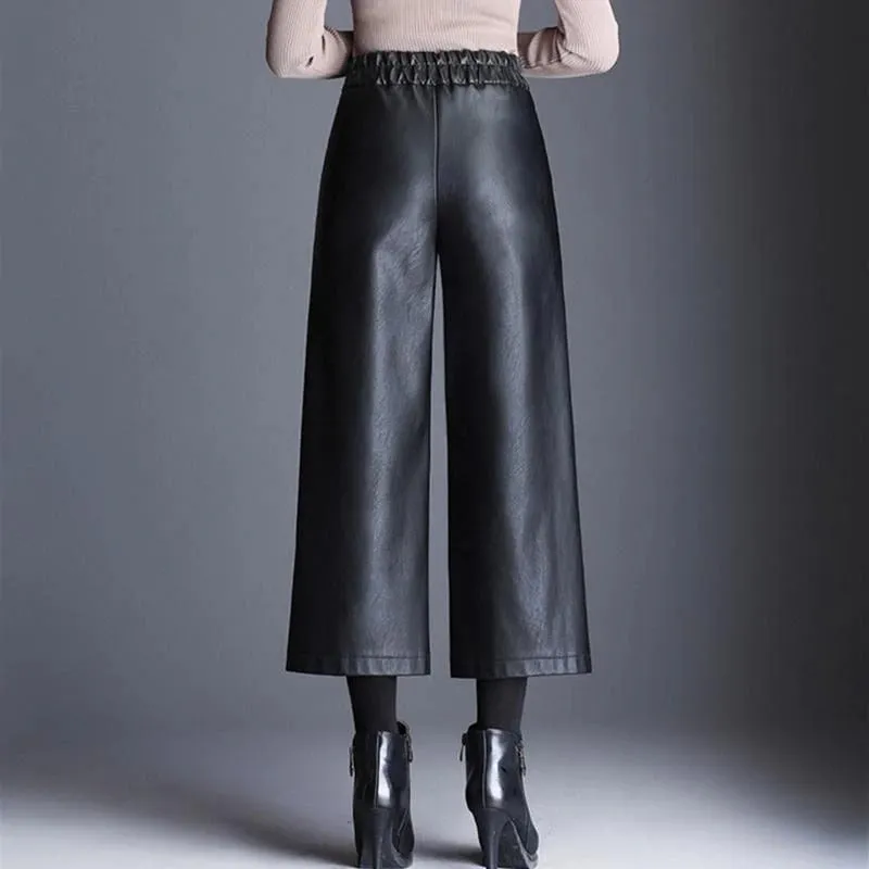 Plus Size Black Leather Culottes Belted and Elastic