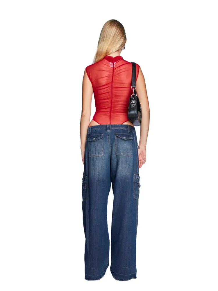 Red Mesh Sheer Skinny Sleeveless Bodysuits