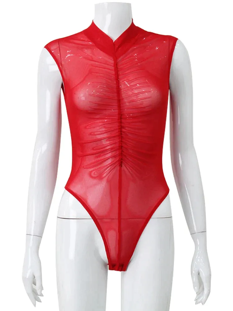 Red Mesh Sheer Skinny Sleeveless Bodysuits