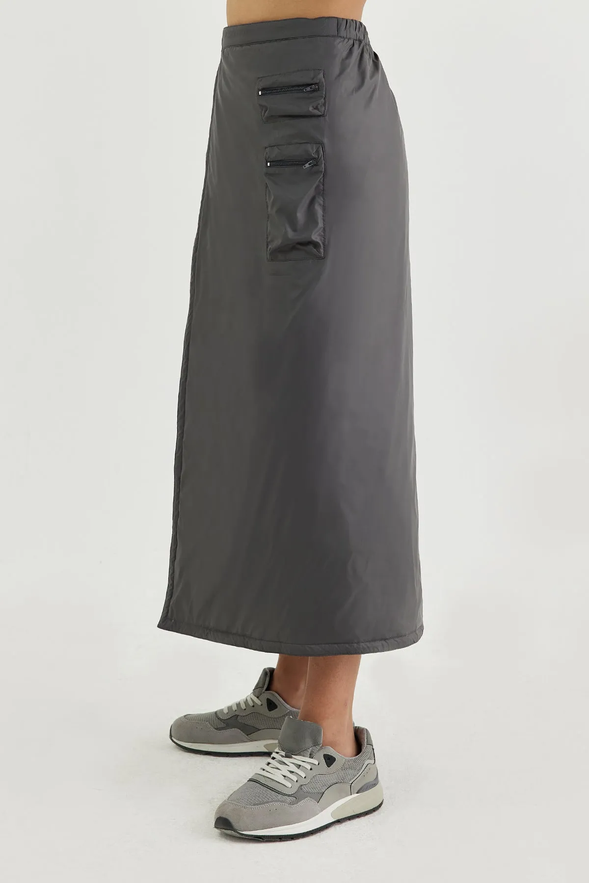 Reversible wrap-effect diamond-quilted midi skirt