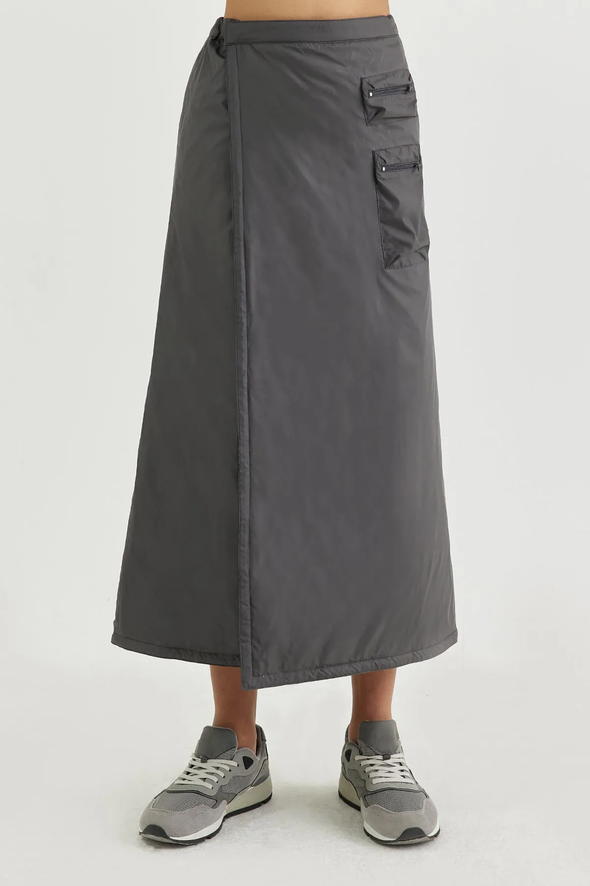 Reversible wrap-effect diamond-quilted midi skirt