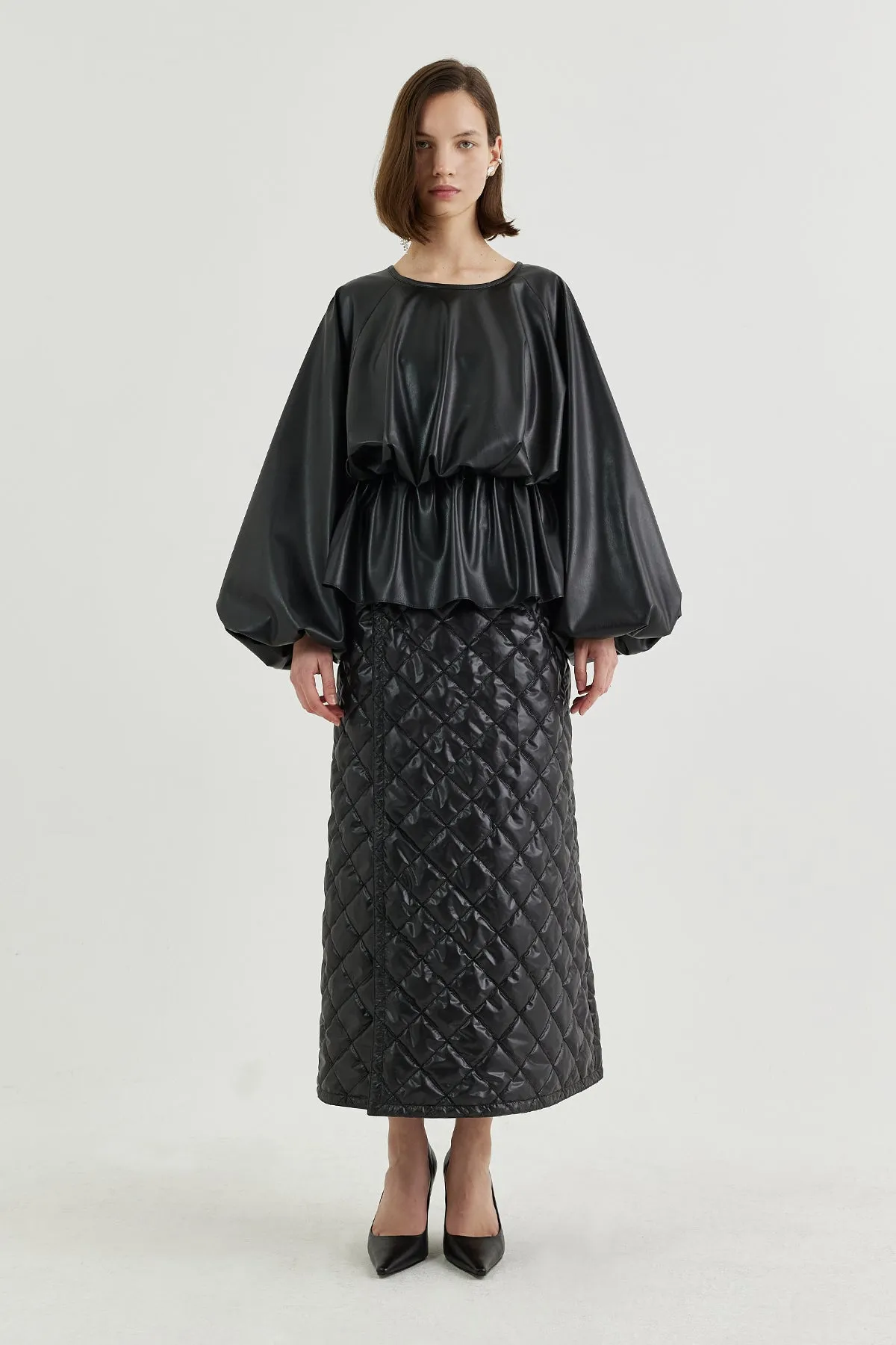 Reversible wrap-effect diamond-quilted midi skirt