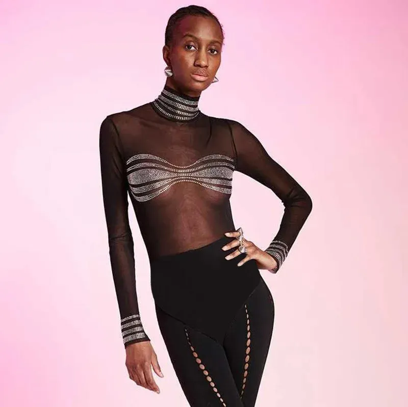 Rhinestone Chest Turtleneck See Through Black Mesh Bodysuits