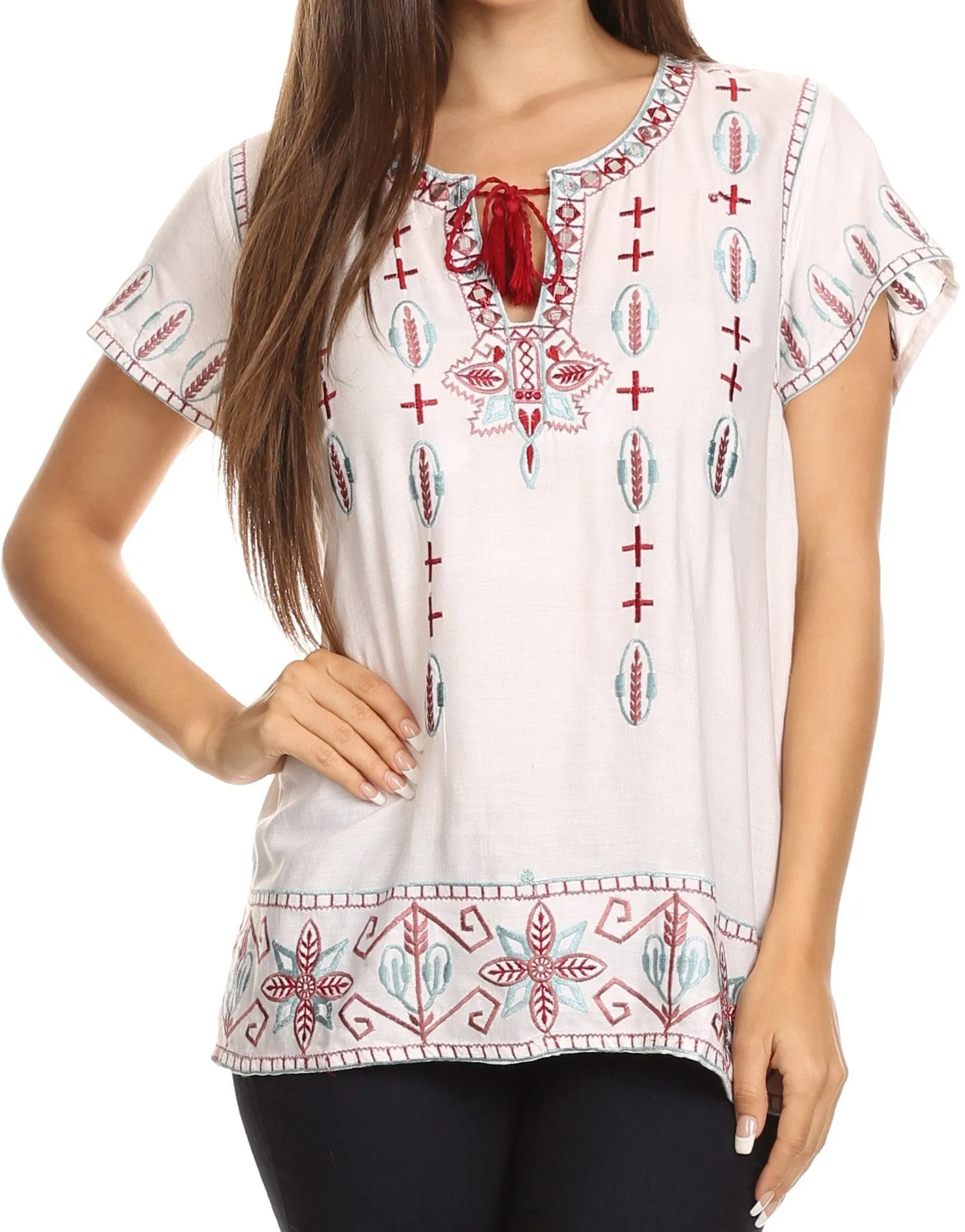 Sakkas Jile Wide Boxy Embroidered Short Sleeve Tassel Tie Top Shirt Tunic Blouse