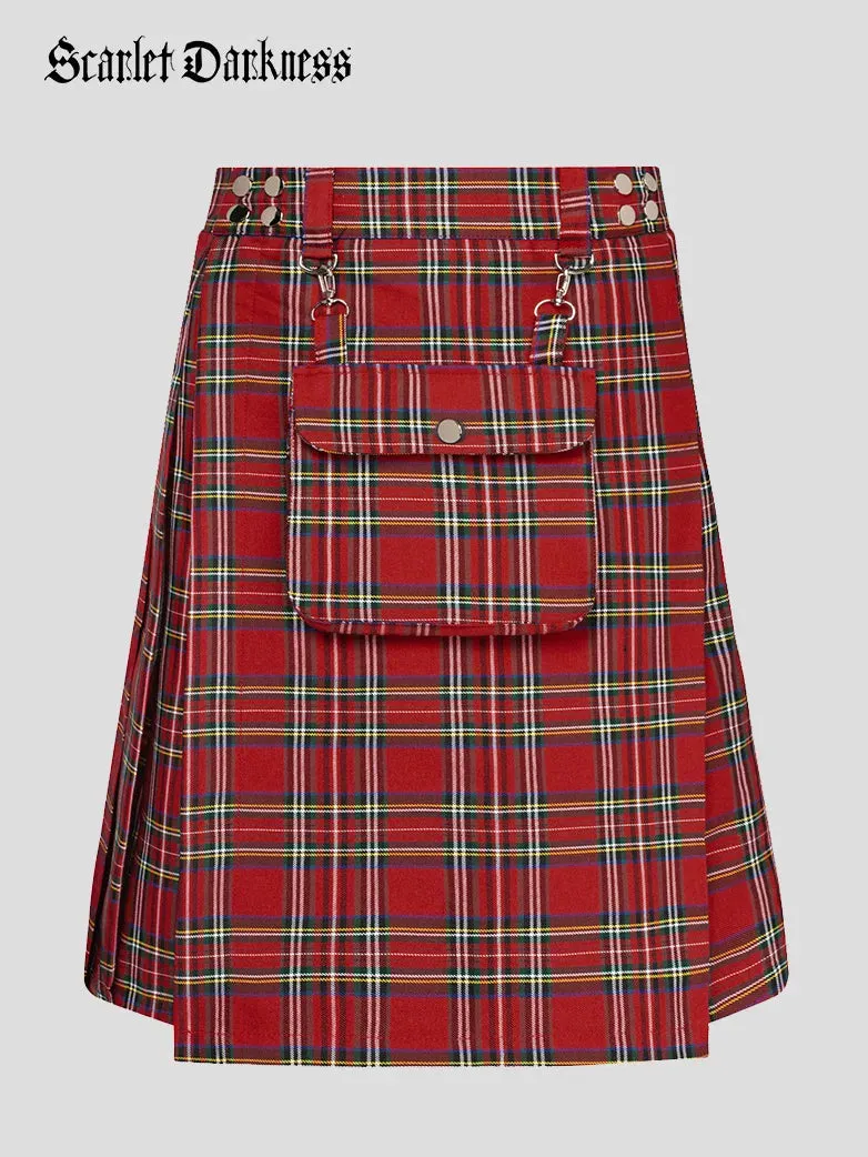 Scottish Mens Tartan Utility Kilt Pleated Midi Skirt with Bag