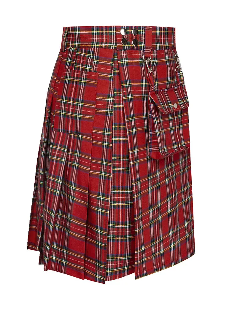 Scottish Mens Tartan Utility Kilt Pleated Midi Skirt with Bag