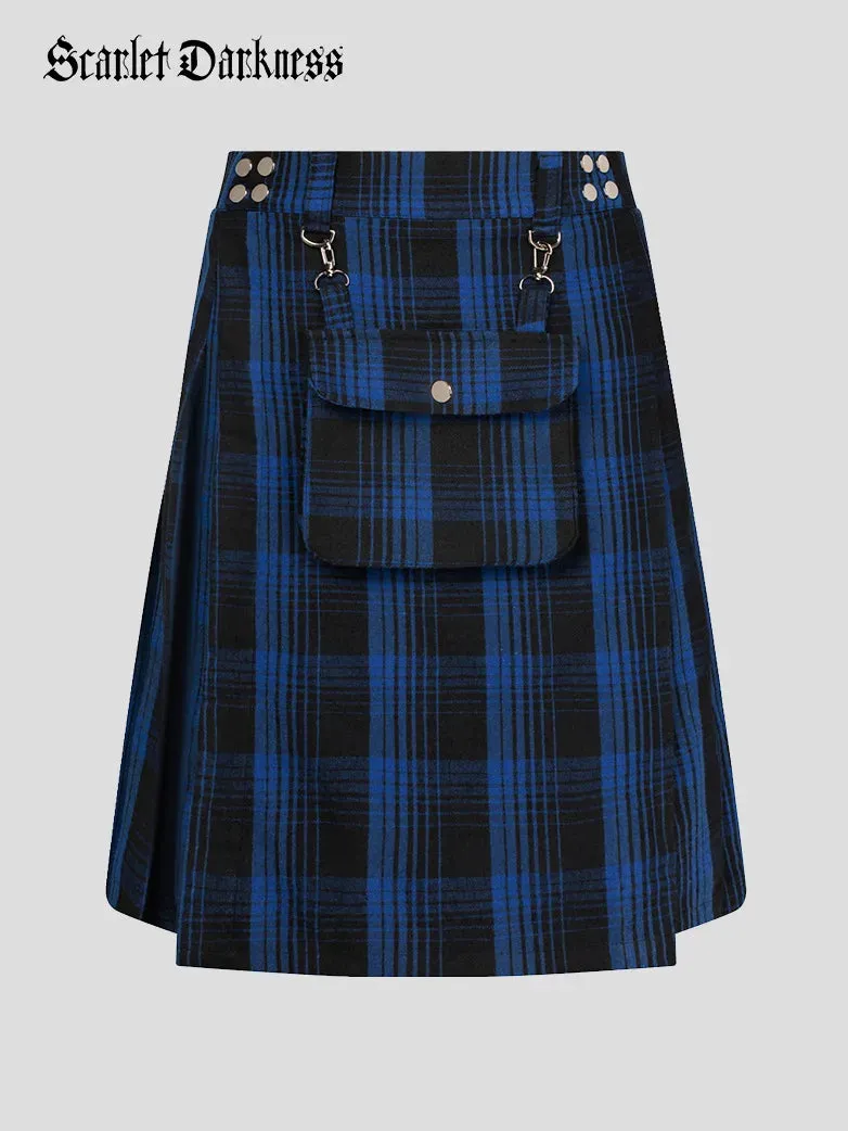 Scottish Mens Tartan Utility Kilt Pleated Midi Skirt with Bag