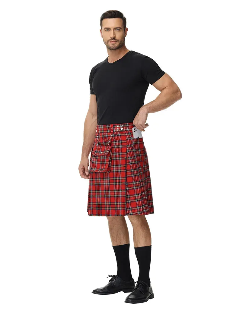 Scottish Mens Tartan Utility Kilt Pleated Midi Skirt with Bag