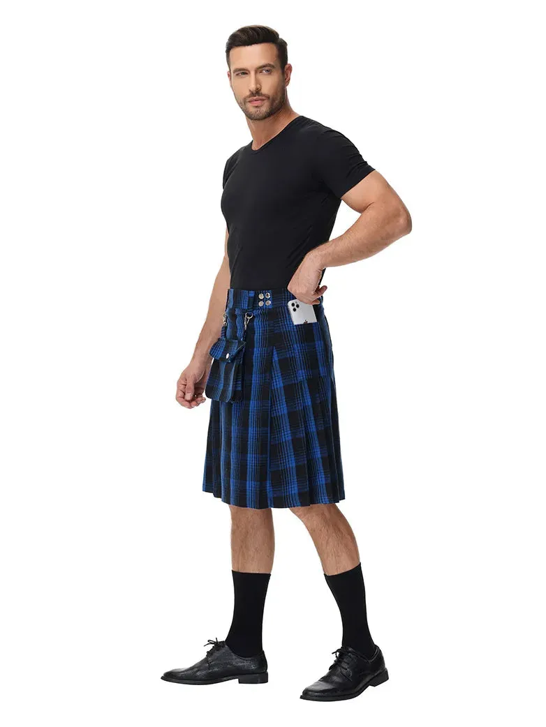 Scottish Mens Tartan Utility Kilt Pleated Midi Skirt with Bag