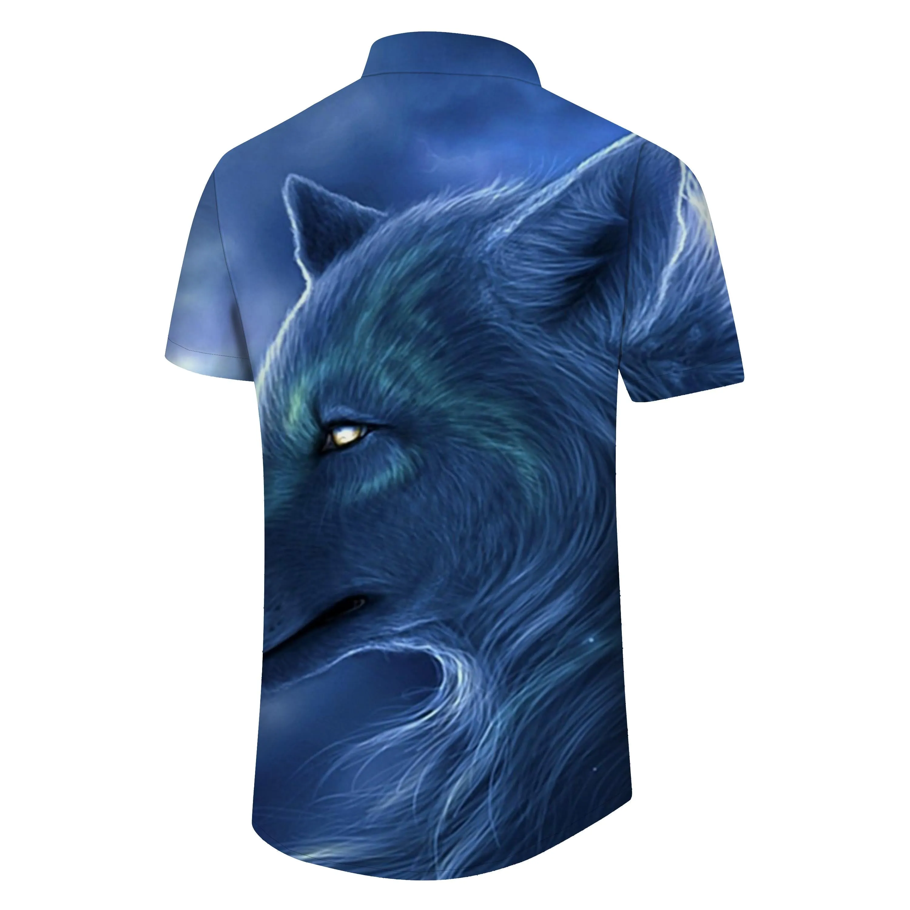 Sharp wolf head eyes 3d printed pattern men's street lapel button down Hawaiian shirt short sleeve beach thin style