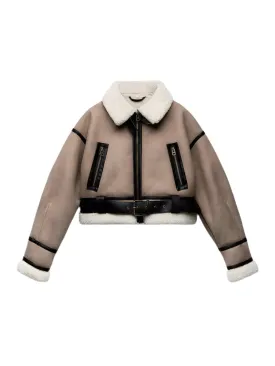 Shearling Lined Faux Leather Aviator Jacket - Women's Khaki Moto Coat with Belt