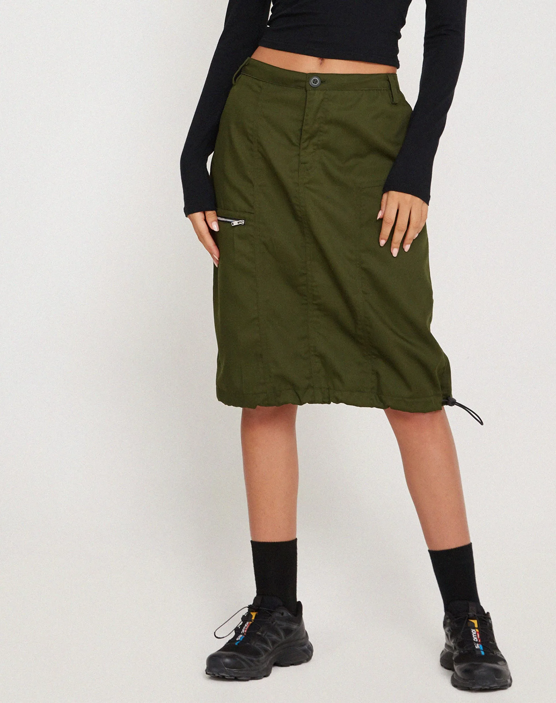 Shreya Cargo Midi Skirt in Forest Green