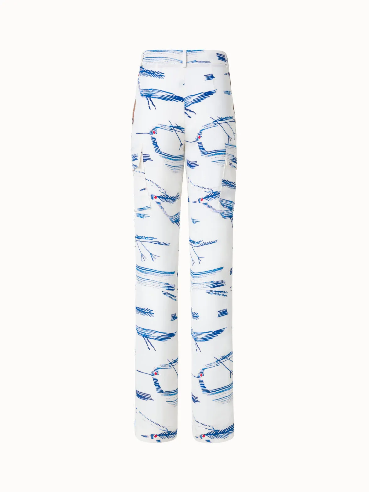 Silk Cargo Pants with Kasuri Birds Print