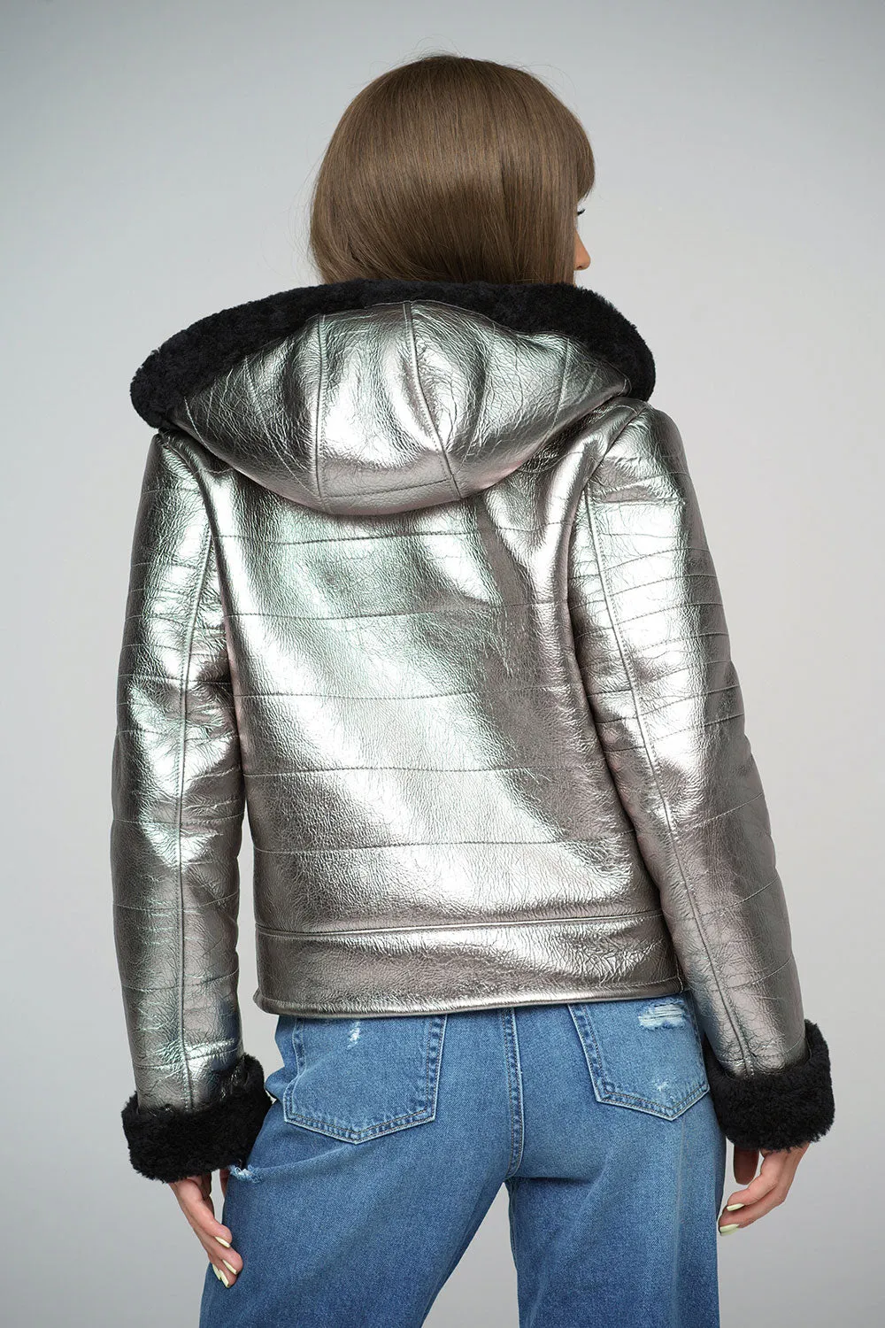 Silver Shearling Leather Hooded Jacket