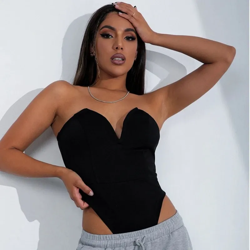 Solid V Neck  Strapless Bodysuit